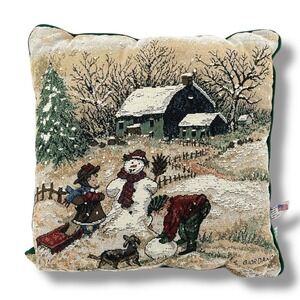 Giordano Riverdale Christmas Snowman Winter Scene Tapestry Pillow Made USA